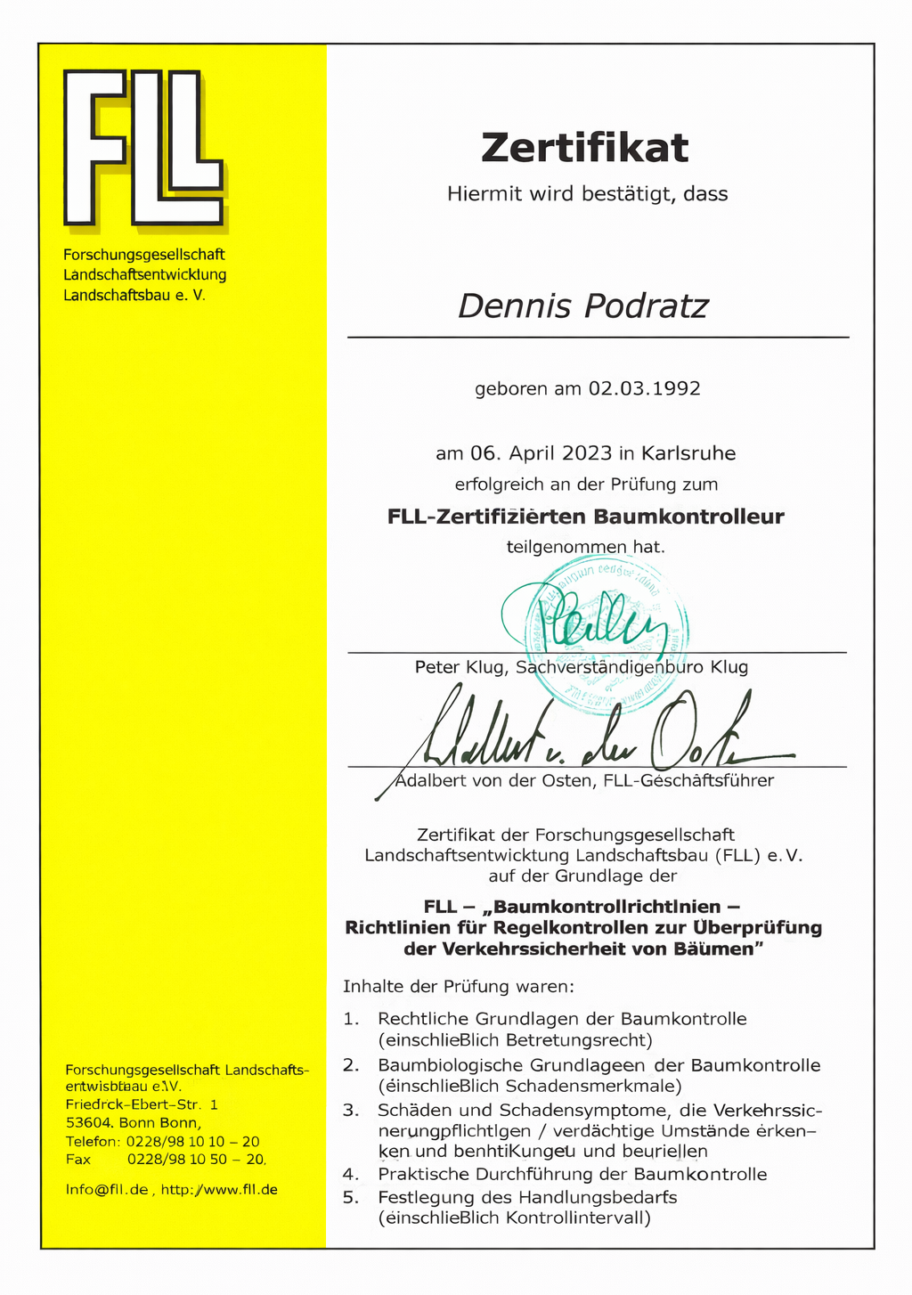 FLL Zertifikat Dennis Podratz