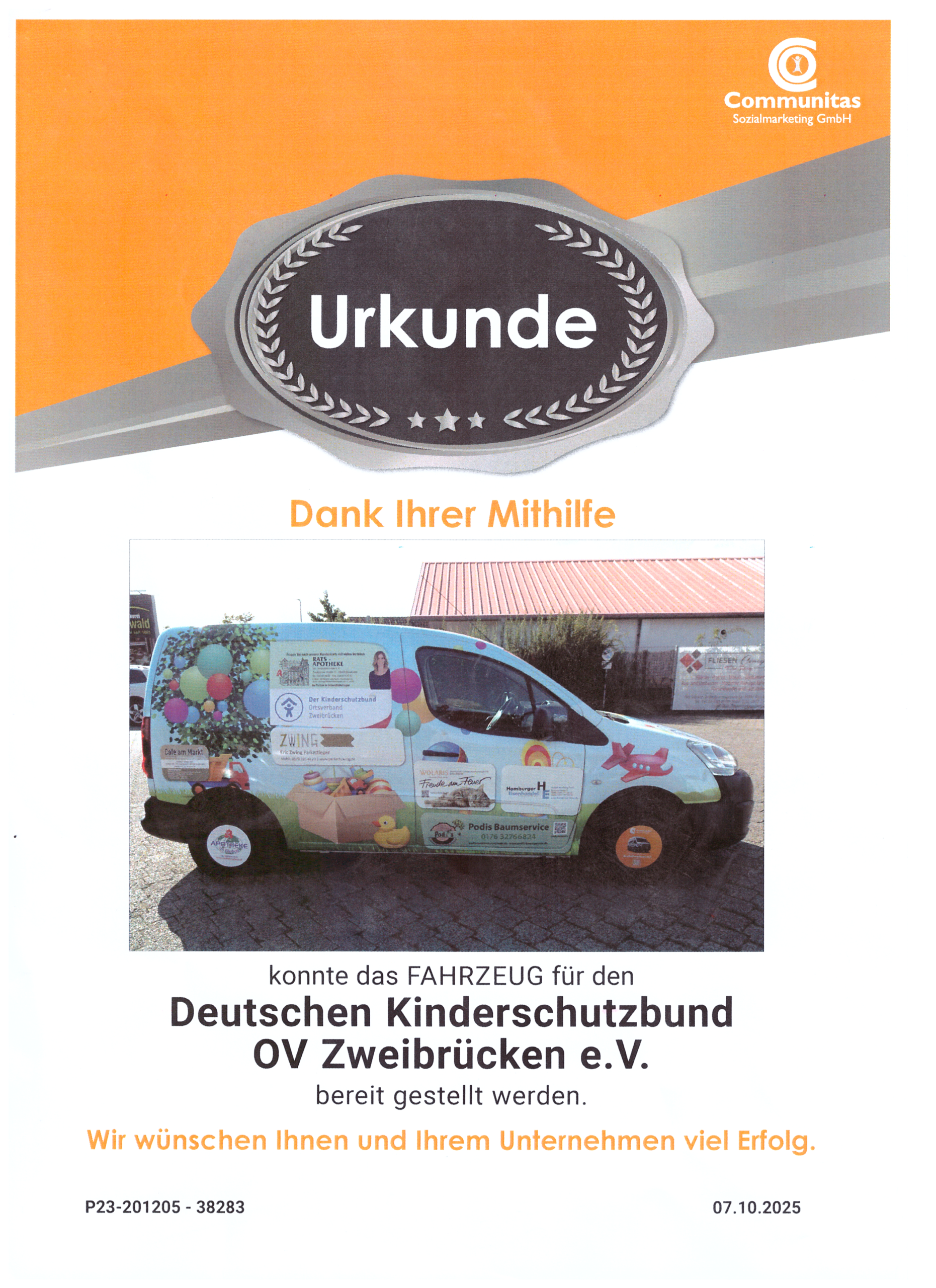 Urkunde Kinderschutzbund Zweibrücken